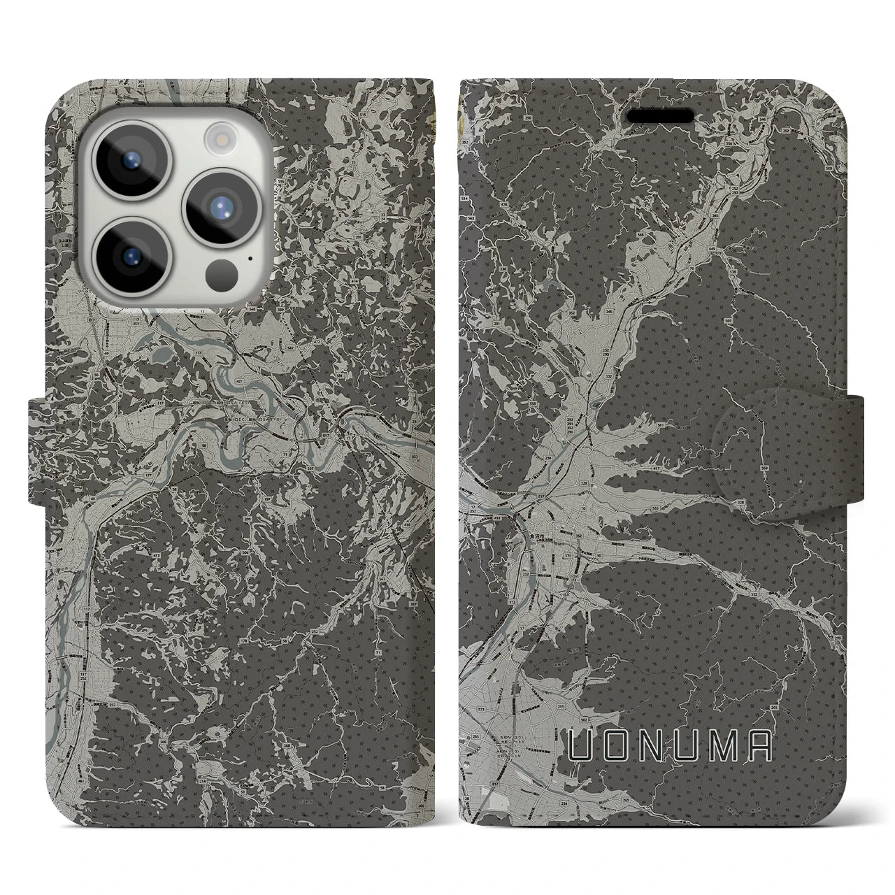 【魚沼(新潟県)】地図柄iPhoneケース(手帳タイプ)モノトーン・iPhone 15 Pro 用