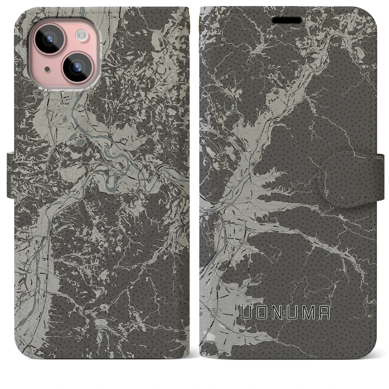 【魚沼(新潟県)】地図柄iPhoneケース(手帳タイプ)モノトーン・iPhone 15 Plus 用