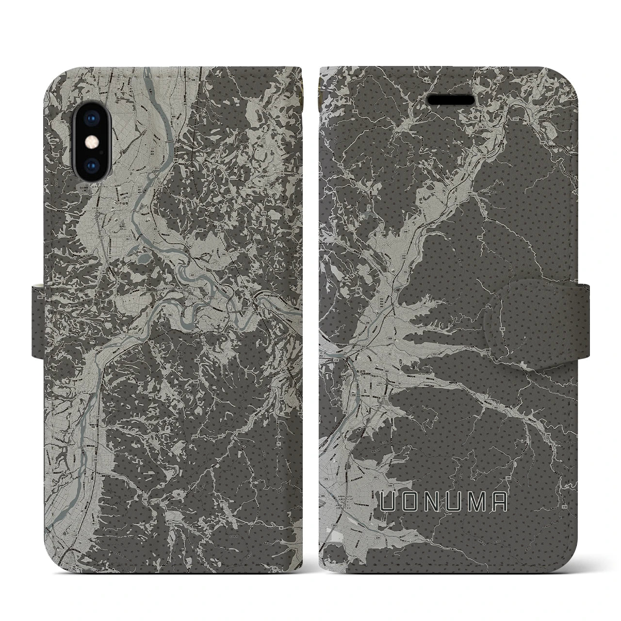 【魚沼(新潟県)】地図柄iPhoneケース(手帳タイプ)モノトーン・iPhone XS / X 用