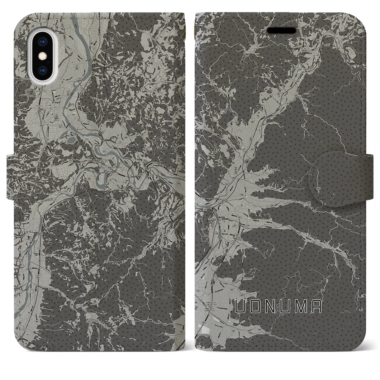 【魚沼(新潟県)】地図柄iPhoneケース(手帳タイプ)モノトーン・iPhone XS Max 用