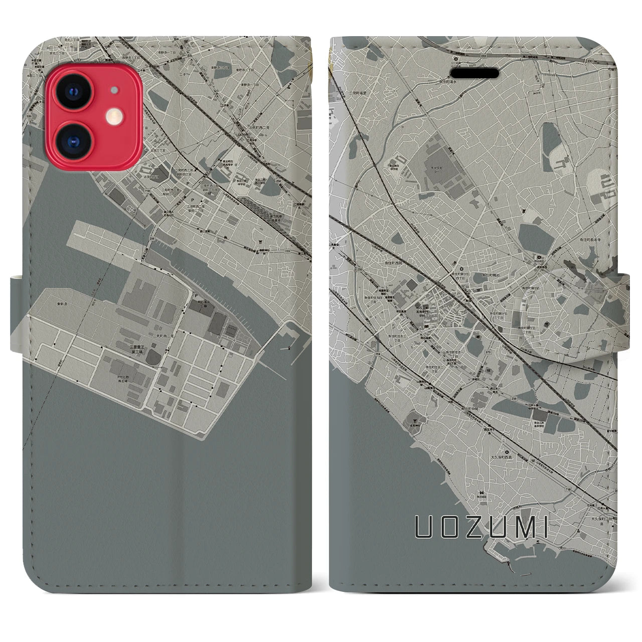 【魚住(兵庫県)】地図柄iPhoneケース(手帳タイプ)モノトーン・iPhone 11 用