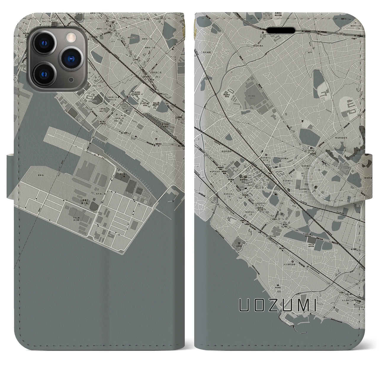 【魚住(兵庫県)】地図柄iPhoneケース(手帳タイプ)モノトーン・iPhone 11 Pro Max 用