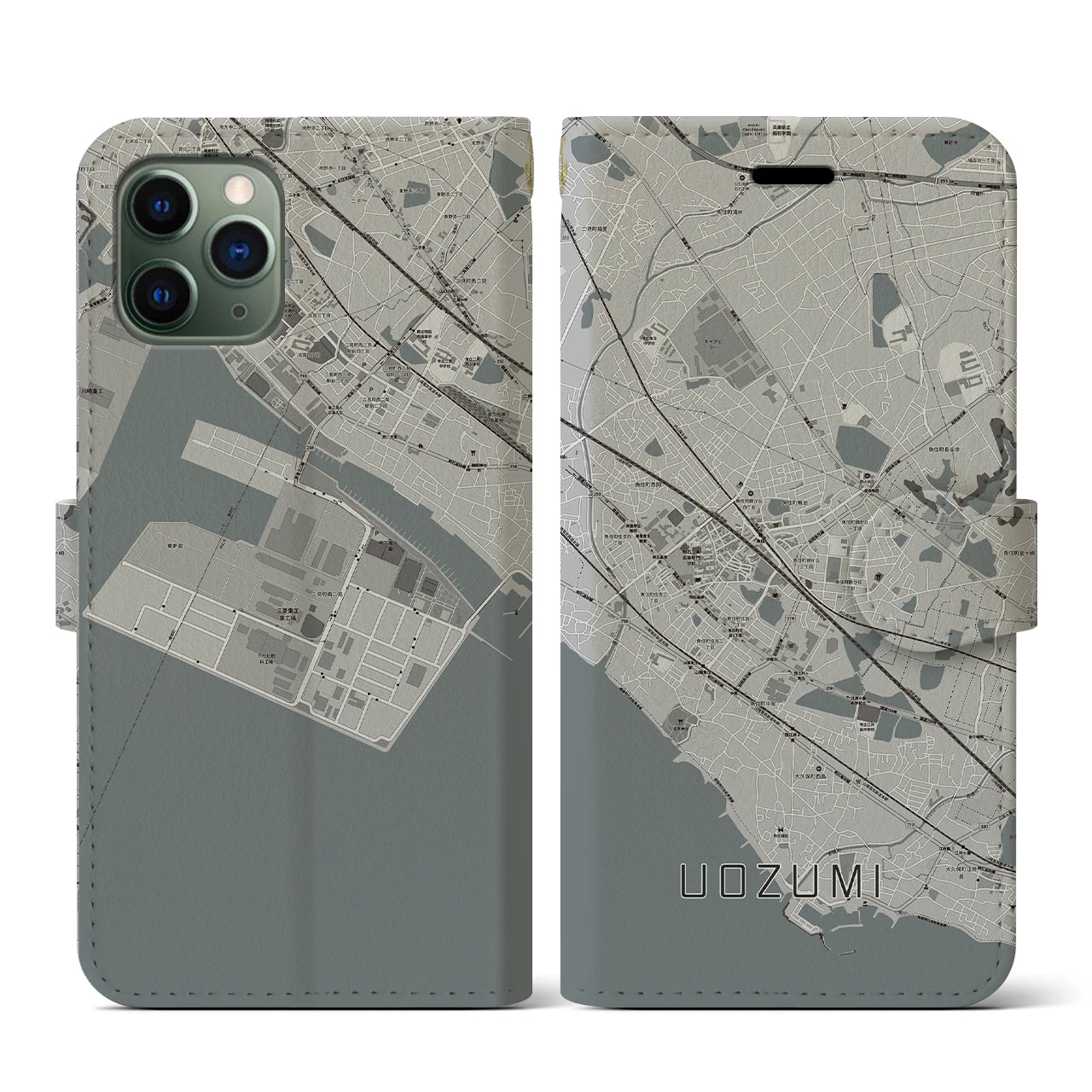 【魚住(兵庫県)】地図柄iPhoneケース(手帳タイプ)モノトーン・iPhone 11 Pro 用