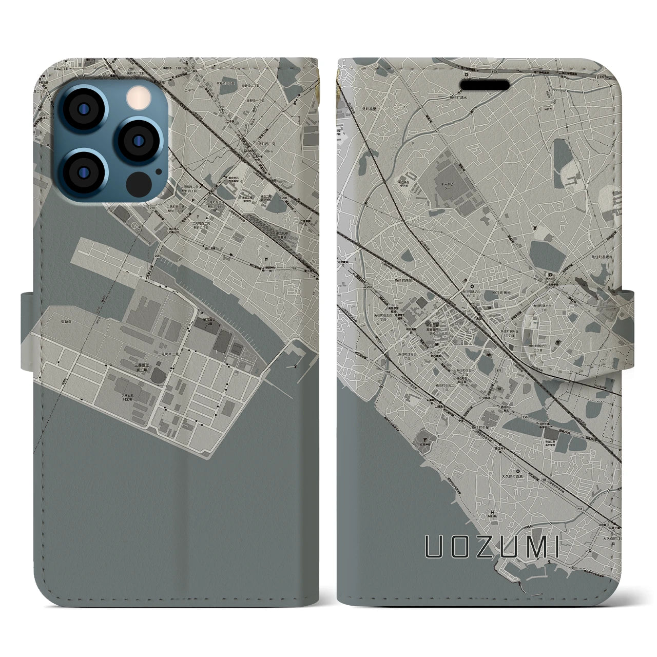 【魚住(兵庫県)】地図柄iPhoneケース(手帳タイプ)モノトーン・iPhone 12 / 12 Pro 用