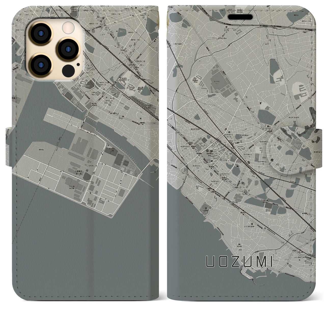 【魚住(兵庫県)】地図柄iPhoneケース(手帳タイプ)モノトーン・iPhone 12 Pro Max 用