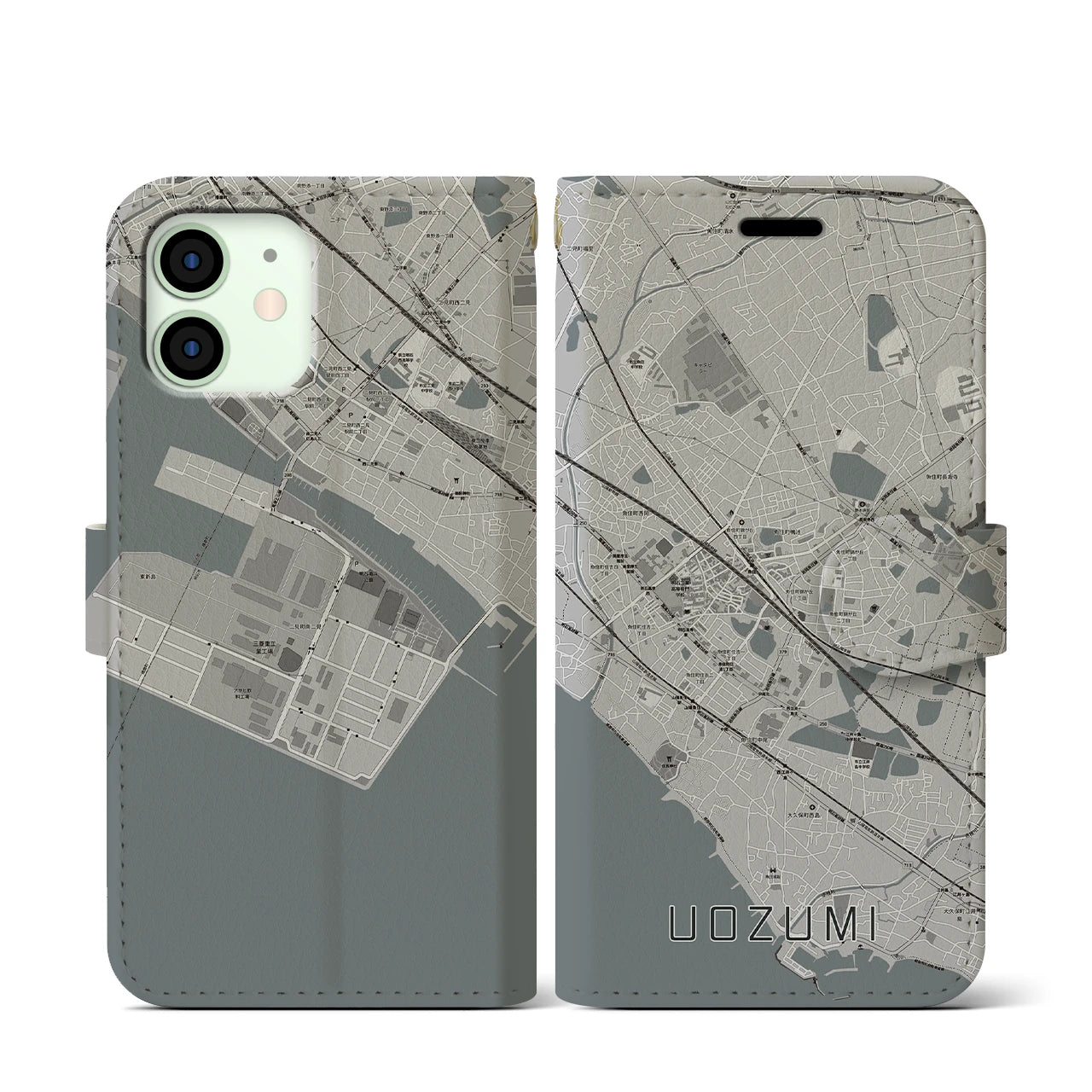 【魚住(兵庫県)】地図柄iPhoneケース(手帳タイプ)モノトーン・iPhone 12 mini 用