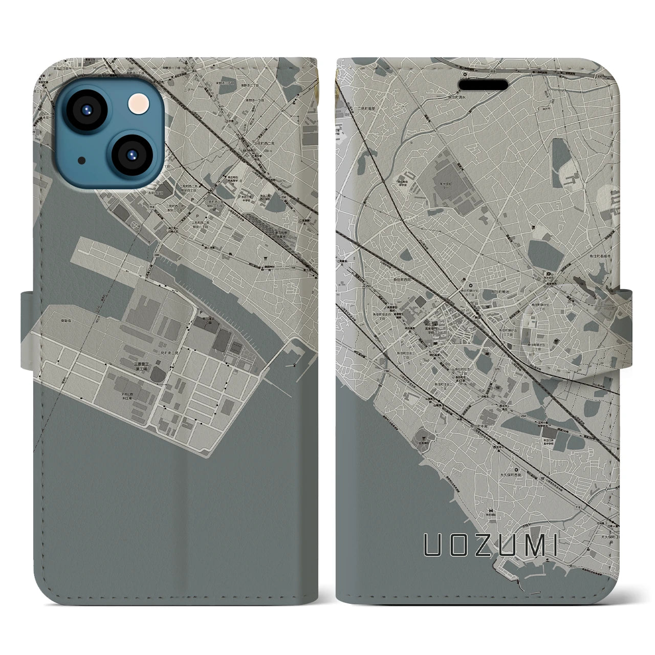 【魚住(兵庫県)】地図柄iPhoneケース(手帳タイプ)モノトーン・iPhone 13 用