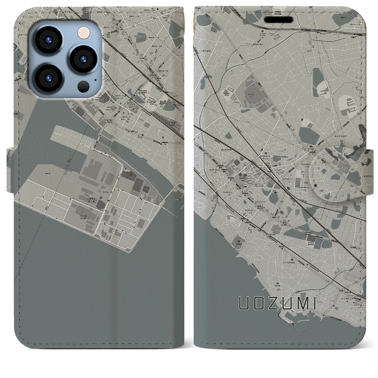 【魚住(兵庫県)】地図柄iPhoneケース(手帳タイプ)モノトーン・iPhone 13 Pro Max 用