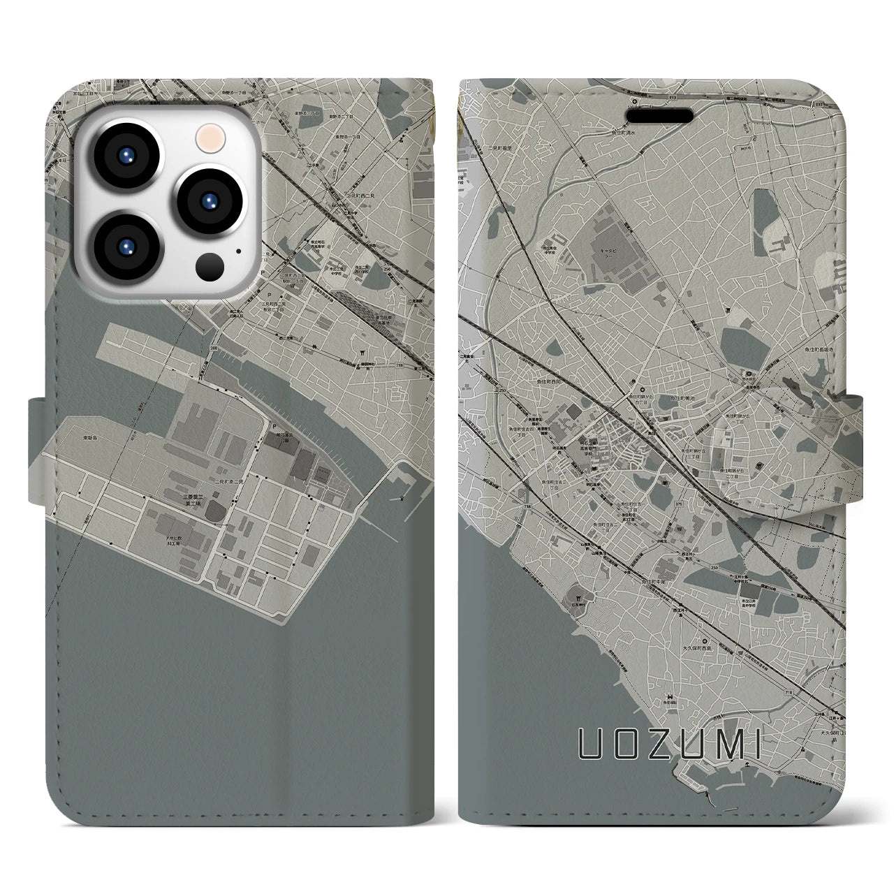 【魚住(兵庫県)】地図柄iPhoneケース(手帳タイプ)モノトーン・iPhone 13 Pro 用