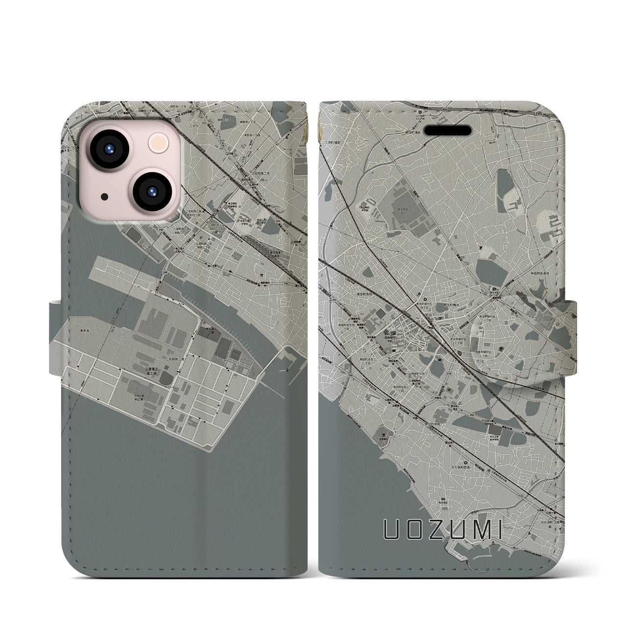 【魚住(兵庫県)】地図柄iPhoneケース(手帳タイプ)モノトーン・iPhone 13 mini 用