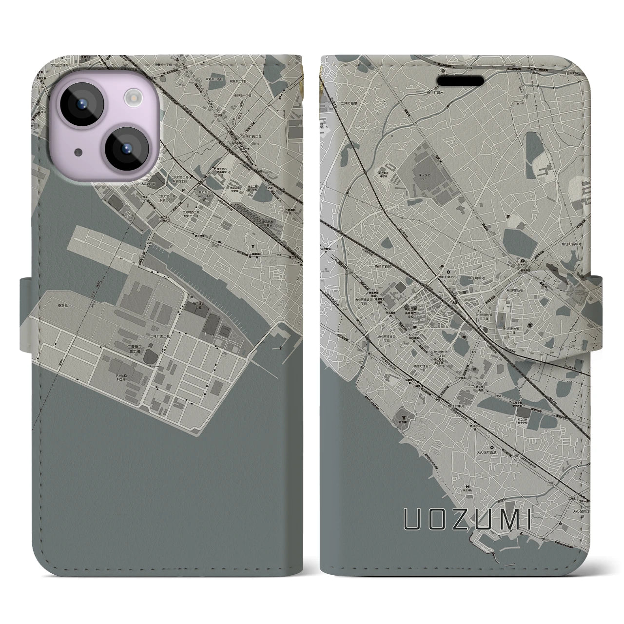 【魚住(兵庫県)】地図柄iPhoneケース(手帳タイプ)モノトーン・iPhone 14 用