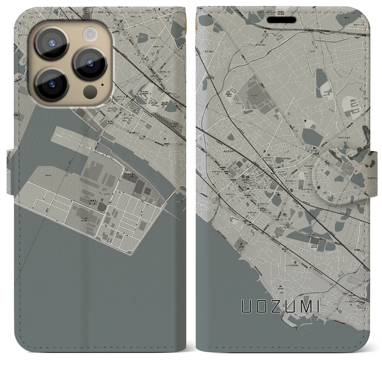 【魚住(兵庫県)】地図柄iPhoneケース(手帳タイプ)モノトーン・iPhone 14 Pro Max 用