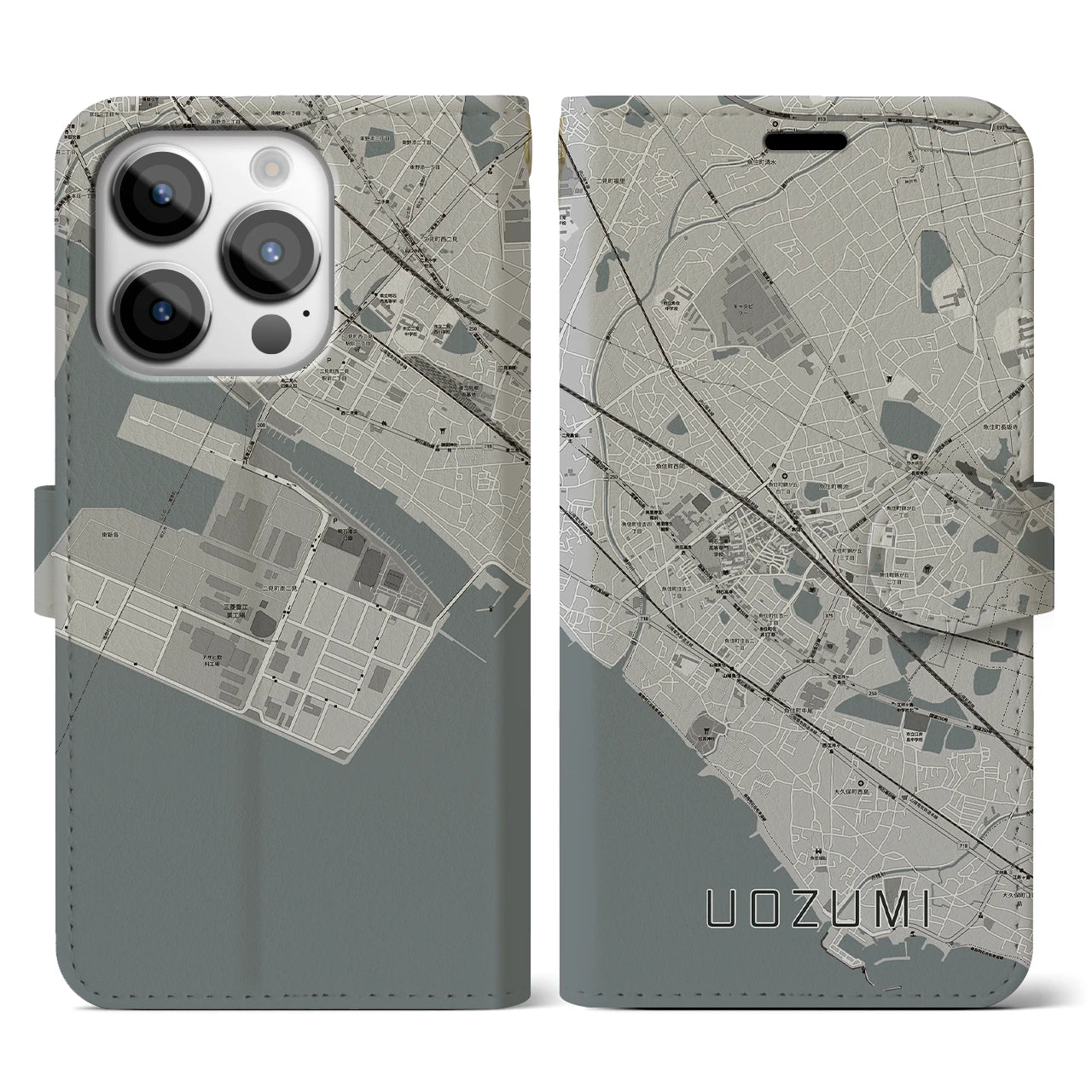 【魚住(兵庫県)】地図柄iPhoneケース(手帳タイプ)モノトーン・iPhone 14 Pro 用