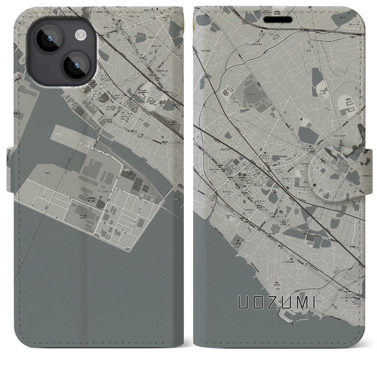 【魚住(兵庫県)】地図柄iPhoneケース(手帳タイプ)モノトーン・iPhone 14 Plus 用