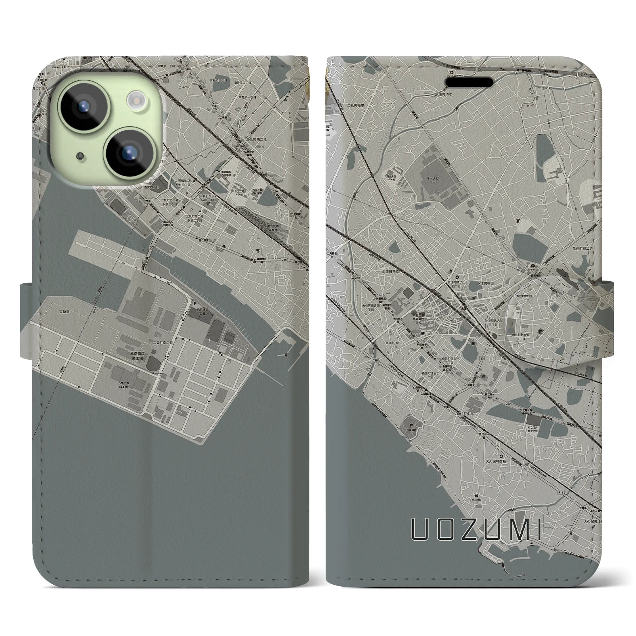 【魚住(兵庫県)】地図柄iPhoneケース(手帳タイプ)モノトーン・iPhone 15 用