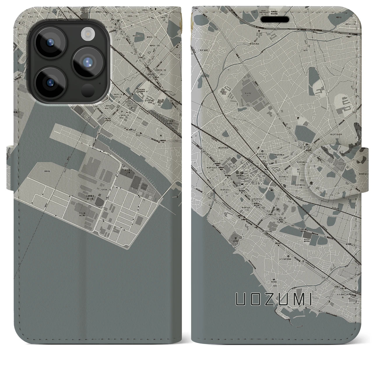 【魚住(兵庫県)】地図柄iPhoneケース(手帳タイプ)モノトーン・iPhone 15 Pro Max 用