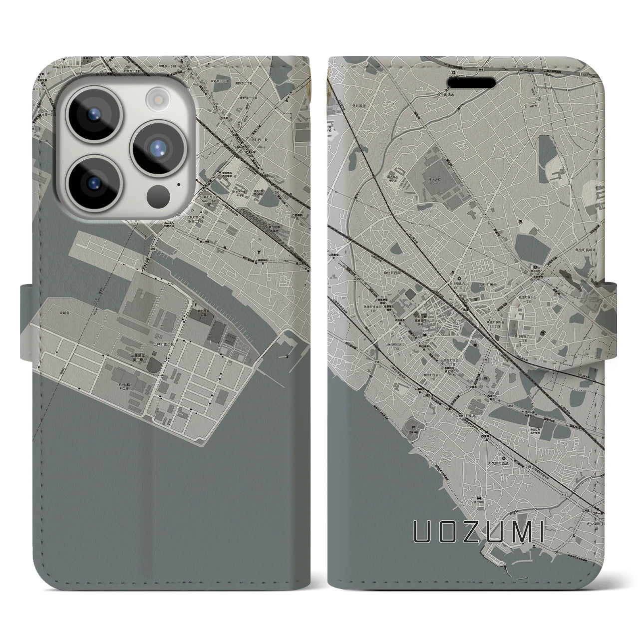 【魚住(兵庫県)】地図柄iPhoneケース(手帳タイプ)モノトーン・iPhone 15 Pro 用