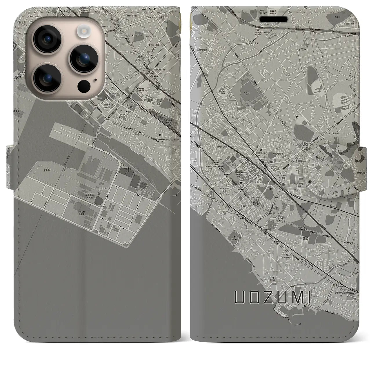 【魚住(兵庫県)】地図柄iPhoneケース(手帳タイプ)モノトーン・iPhone 16 Plus 用