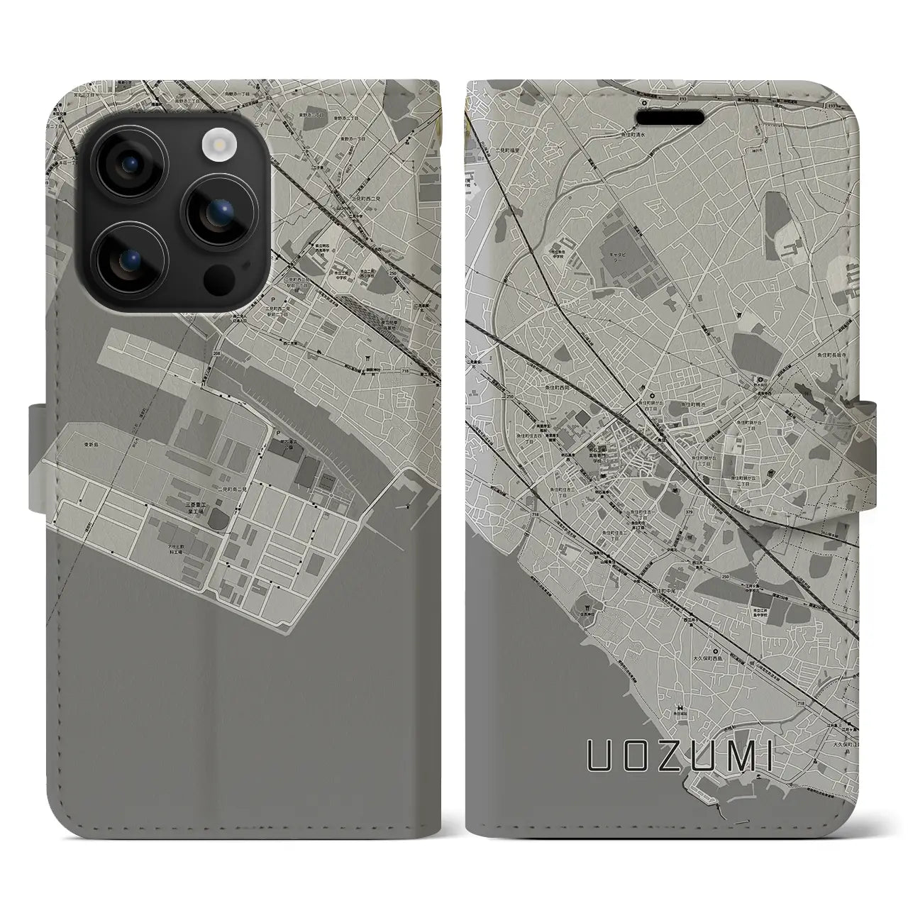 【魚住(兵庫県)】地図柄iPhoneケース(手帳タイプ)モノトーン・iPhone 16 用