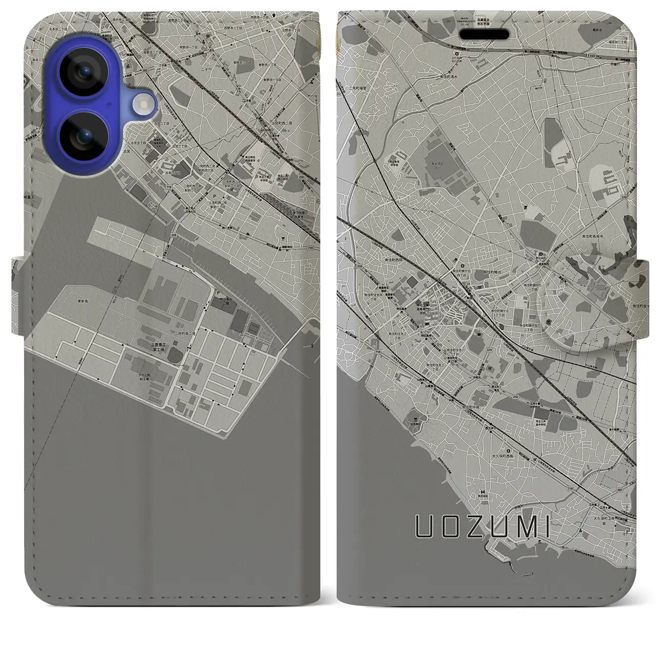 【魚住(兵庫県)】地図柄iPhoneケース(手帳タイプ)モノトーン・iPhone 16 Pro Max 用