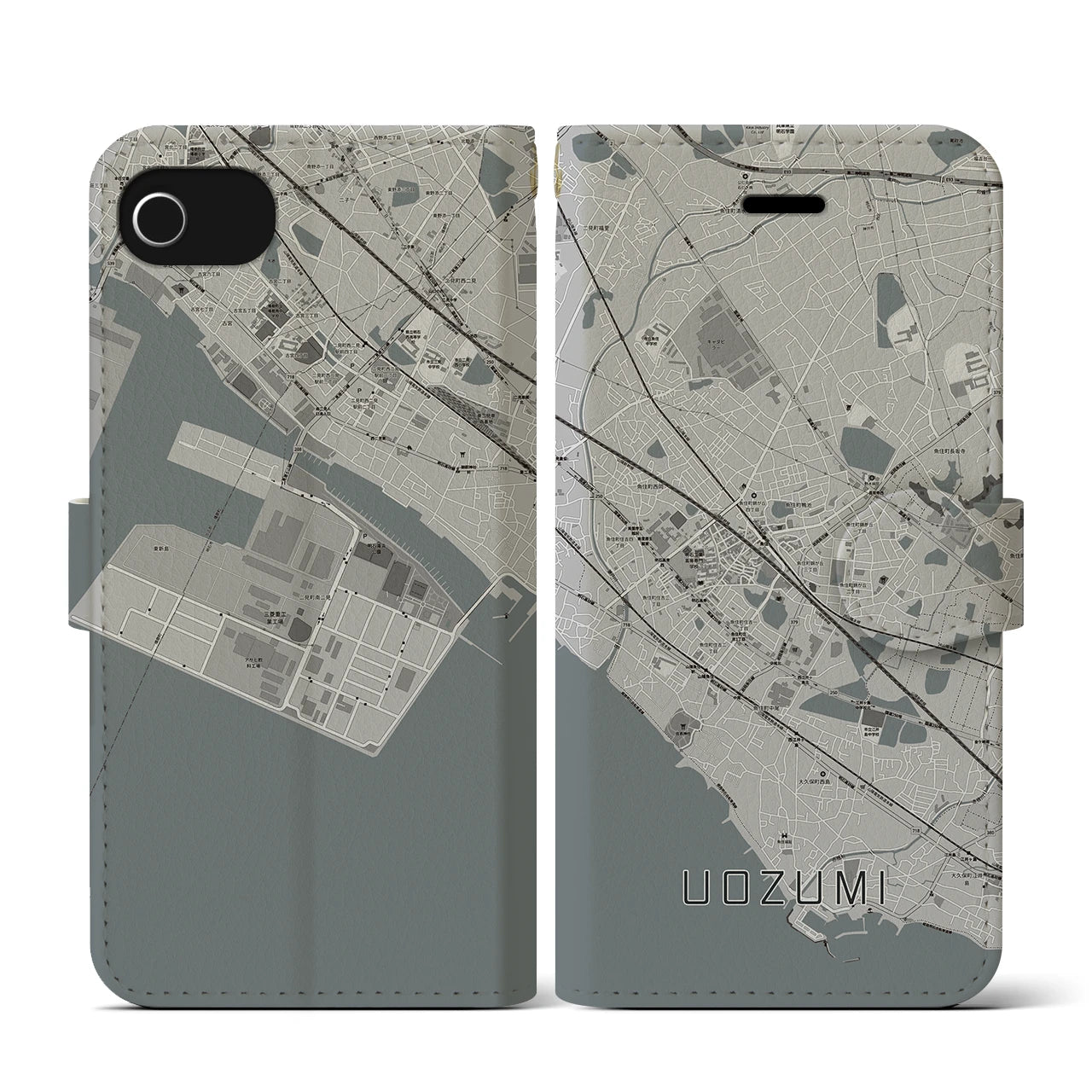 【魚住(兵庫県)】地図柄iPhoneケース(手帳タイプ)モノトーン・iPhone SE(第3 / 第2世代) / 8 / 7 / 6s / 6 用