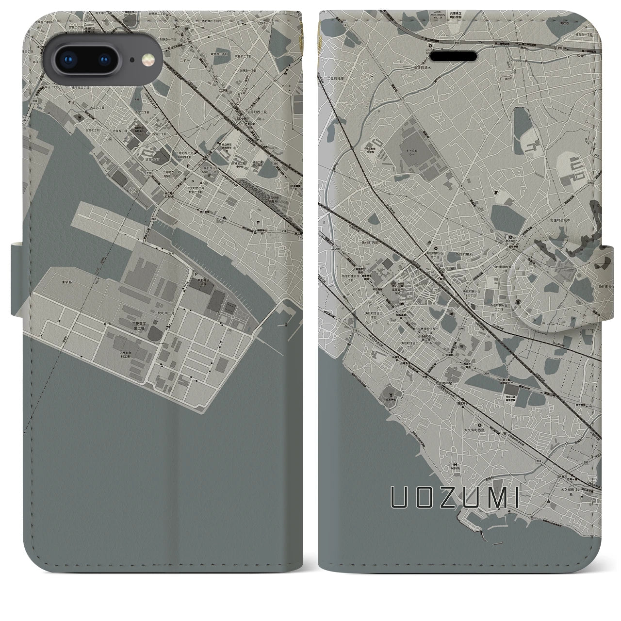 【魚住(兵庫県)】地図柄iPhoneケース(手帳タイプ)モノトーン・iPhone 8Plus /7Plus / 6sPlus / 6Plus 用