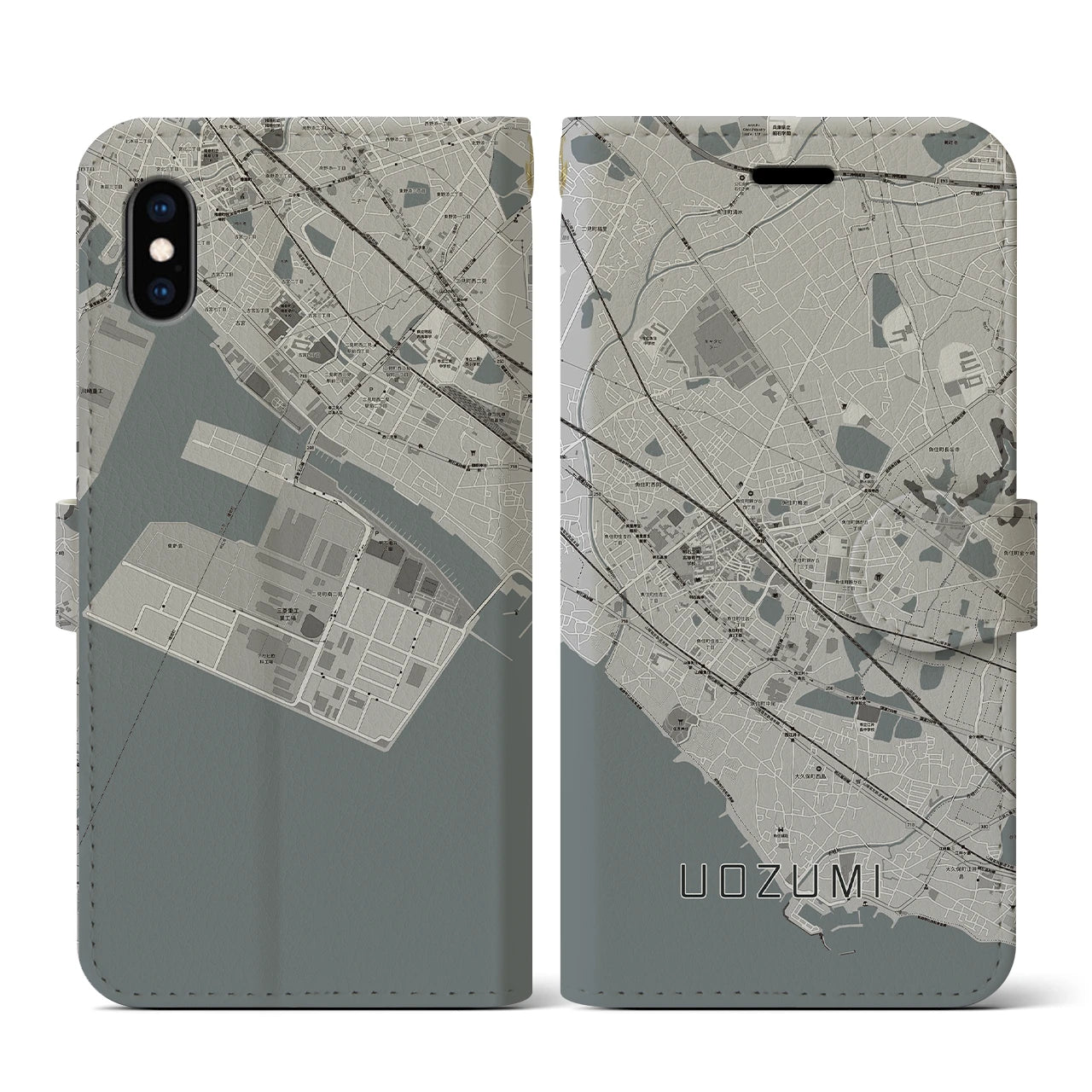 【魚住(兵庫県)】地図柄iPhoneケース(手帳タイプ)モノトーン・iPhone XS / X 用