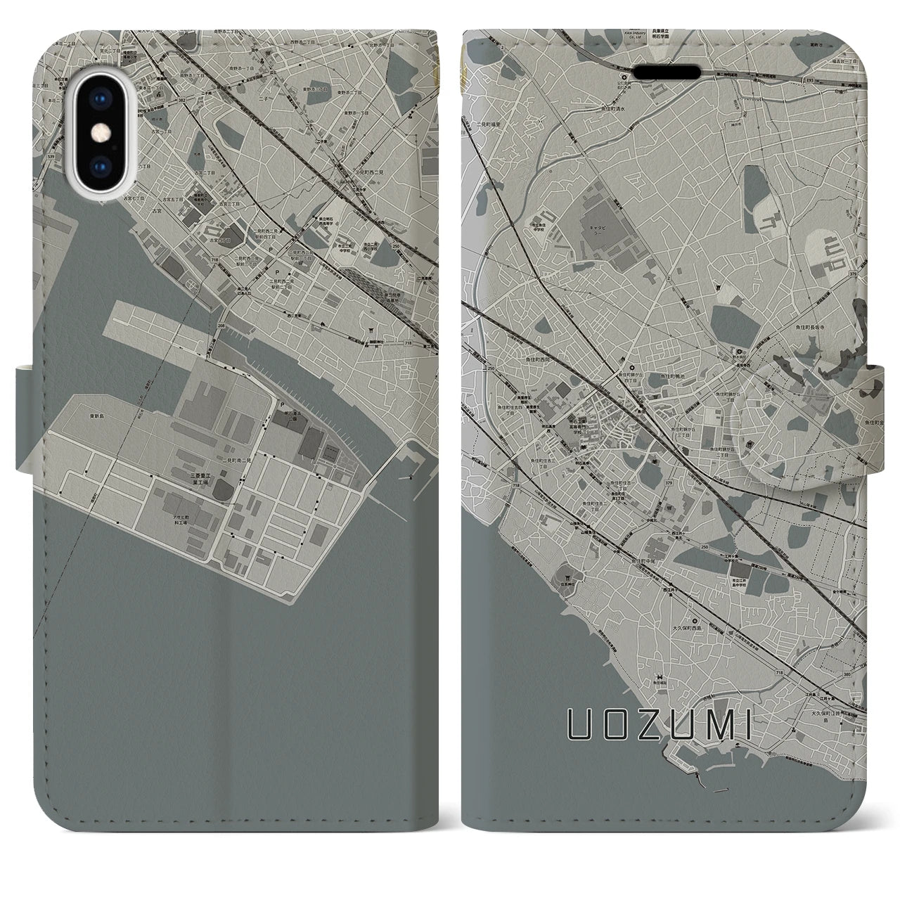 【魚住(兵庫県)】地図柄iPhoneケース(手帳タイプ)モノトーン・iPhone XS Max 用