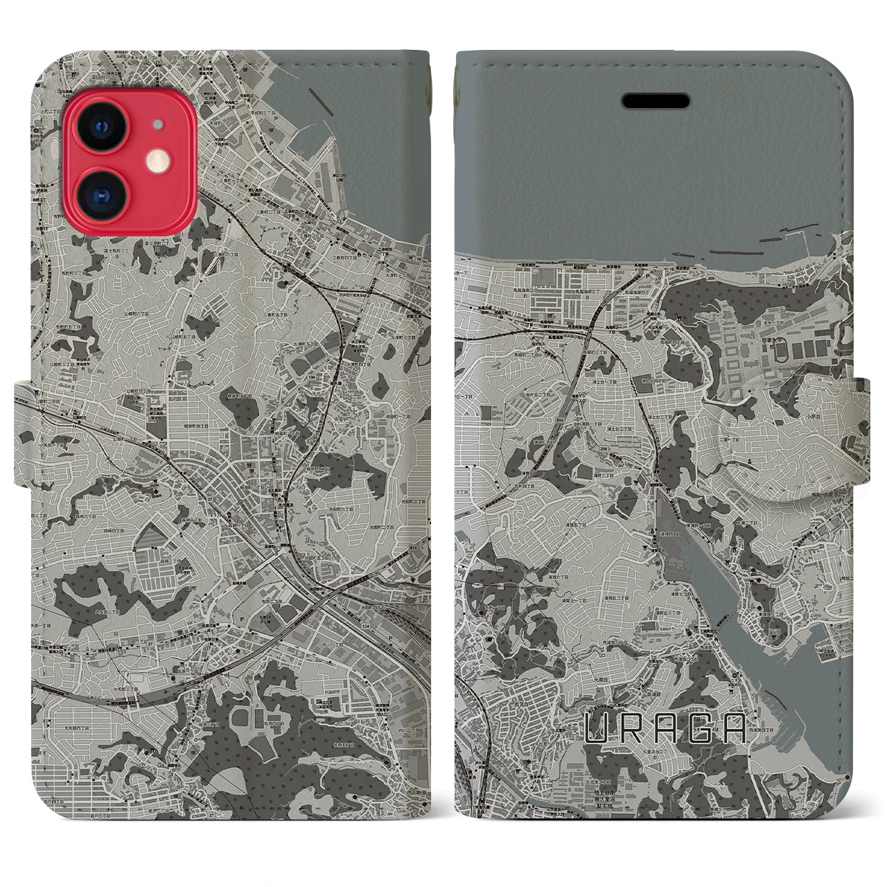 【浦賀(神奈川県)】地図柄iPhoneケース(手帳タイプ)モノトーン・iPhone 11 用