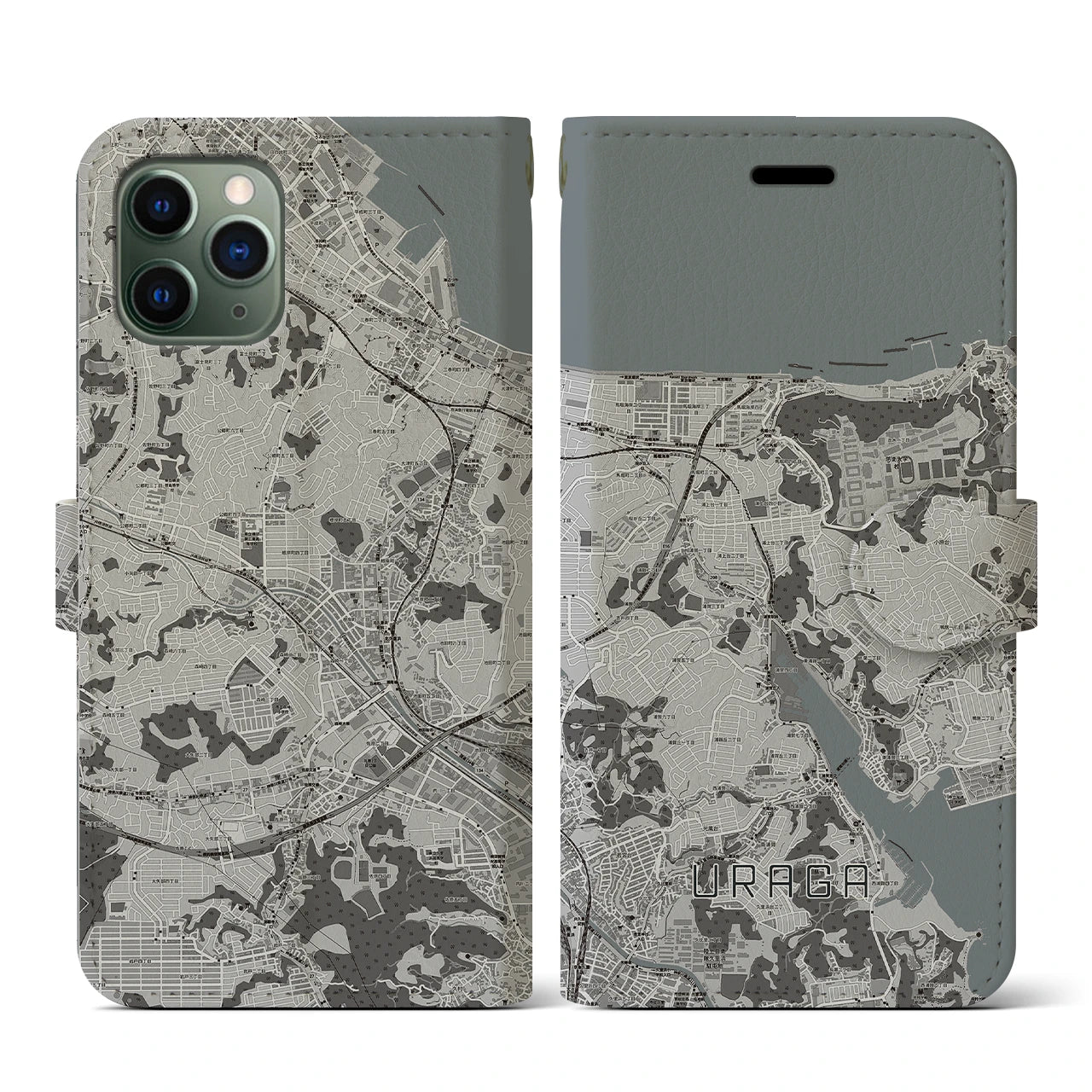 【浦賀(神奈川県)】地図柄iPhoneケース(手帳タイプ)モノトーン・iPhone 11 Pro 用