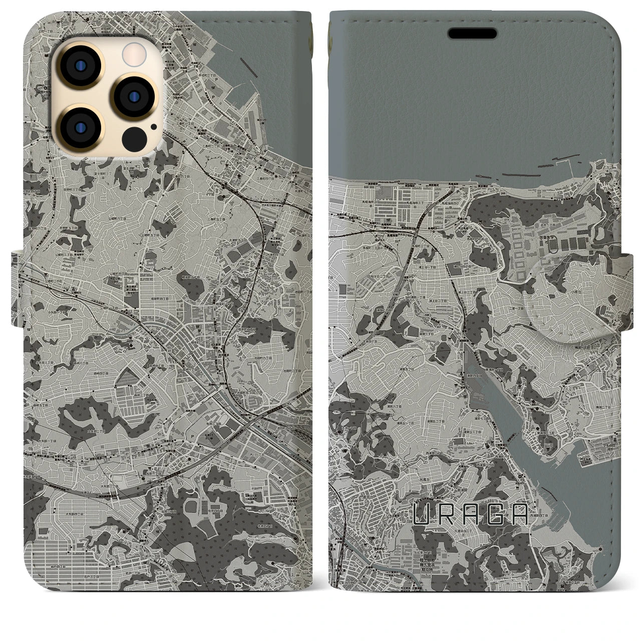【浦賀(神奈川県)】地図柄iPhoneケース(手帳タイプ)モノトーン・iPhone 12 Pro Max 用