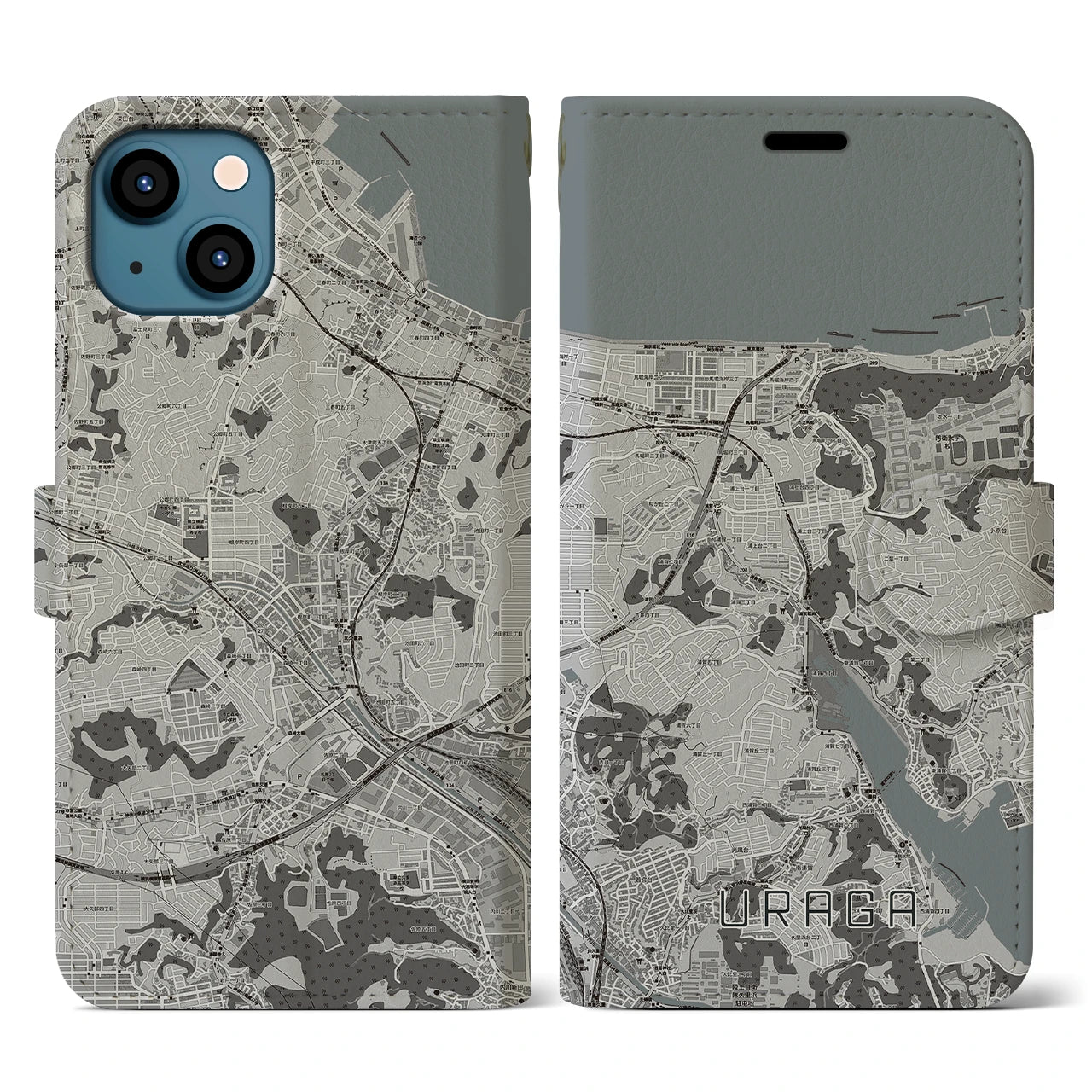 【浦賀(神奈川県)】地図柄iPhoneケース(手帳タイプ)モノトーン・iPhone 13 用