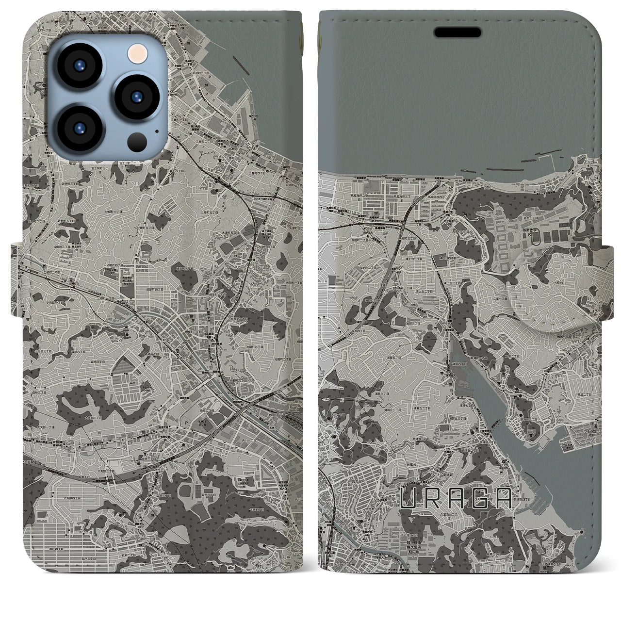 【浦賀(神奈川県)】地図柄iPhoneケース(手帳タイプ)モノトーン・iPhone 13 Pro Max 用