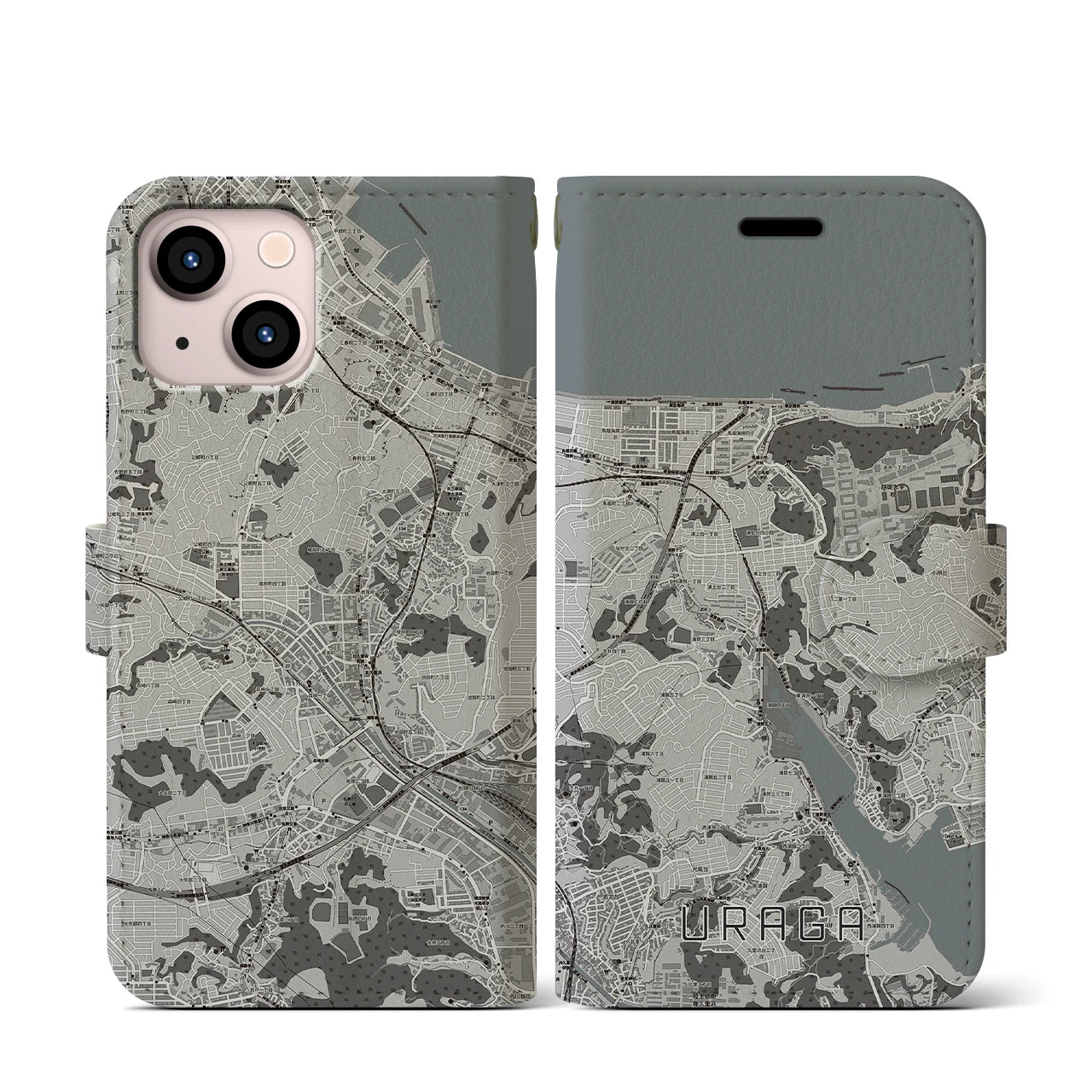 【浦賀(神奈川県)】地図柄iPhoneケース(手帳タイプ)モノトーン・iPhone 13 mini 用