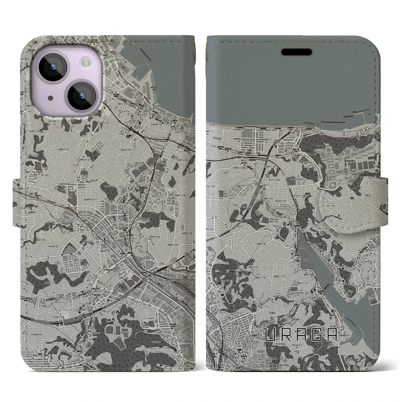 【浦賀(神奈川県)】地図柄iPhoneケース(手帳タイプ)モノトーン・iPhone 14 用