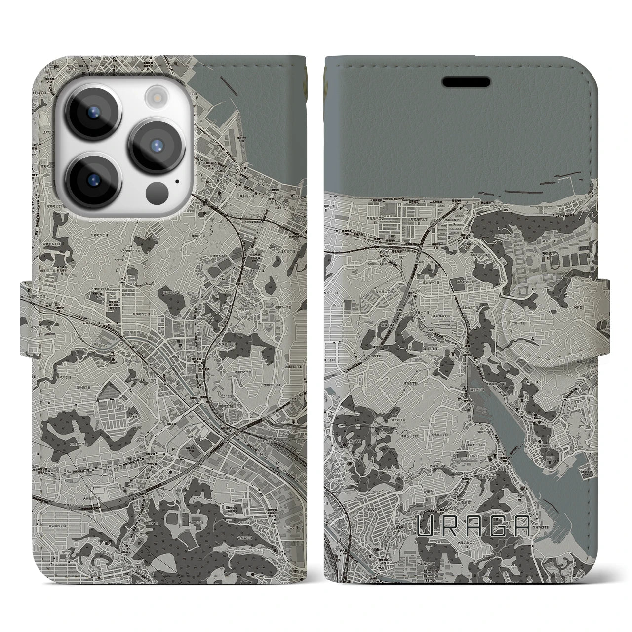 【浦賀(神奈川県)】地図柄iPhoneケース(手帳タイプ)モノトーン・iPhone 14 Pro 用