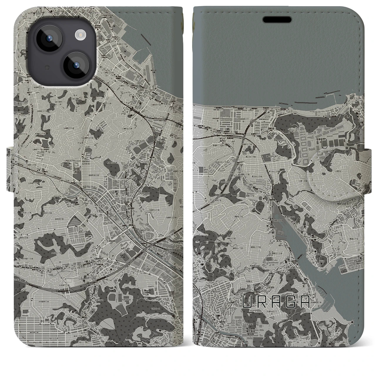 【浦賀(神奈川県)】地図柄iPhoneケース(手帳タイプ)モノトーン・iPhone 14 Plus 用