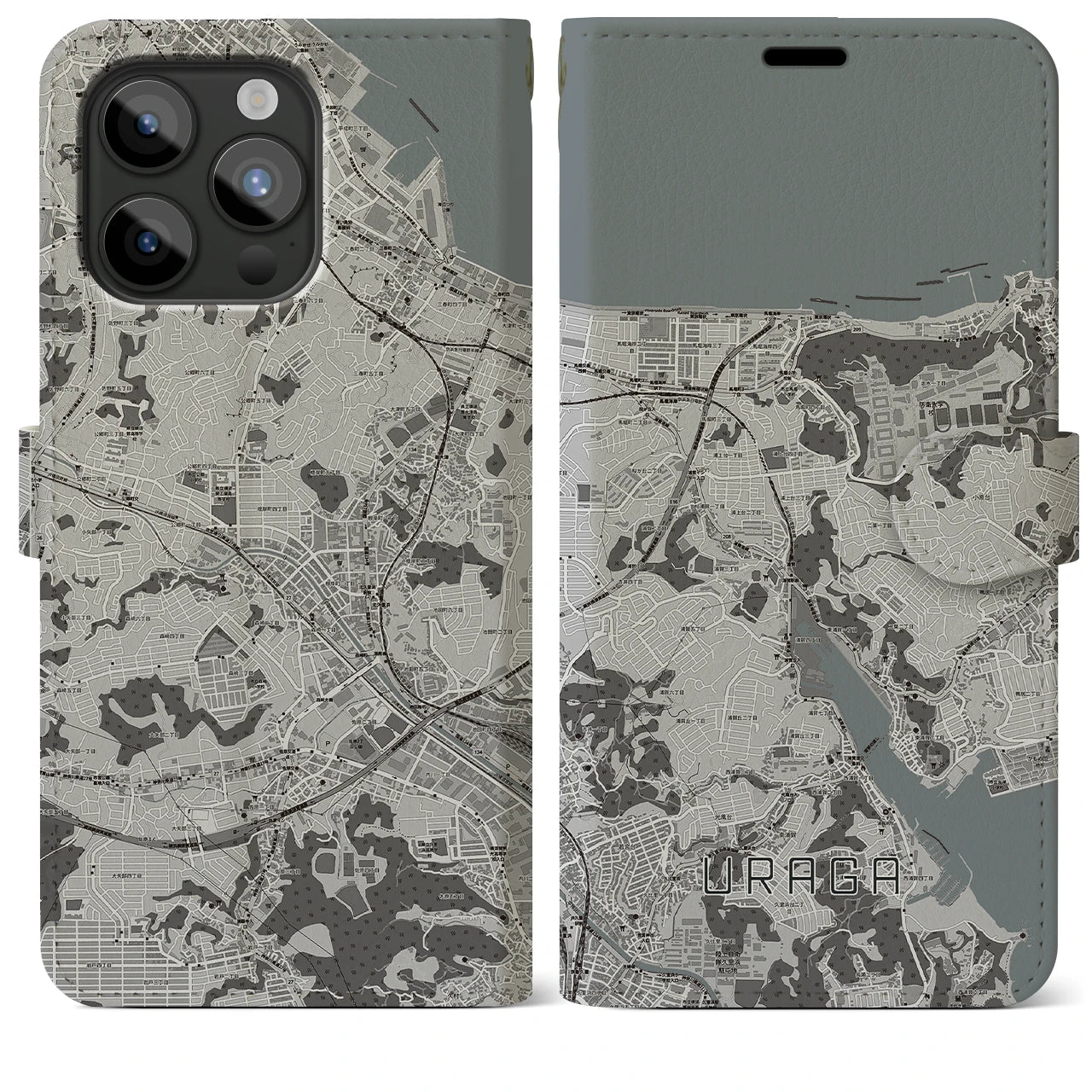 【浦賀(神奈川県)】地図柄iPhoneケース(手帳タイプ)モノトーン・iPhone 15 Pro Max 用
