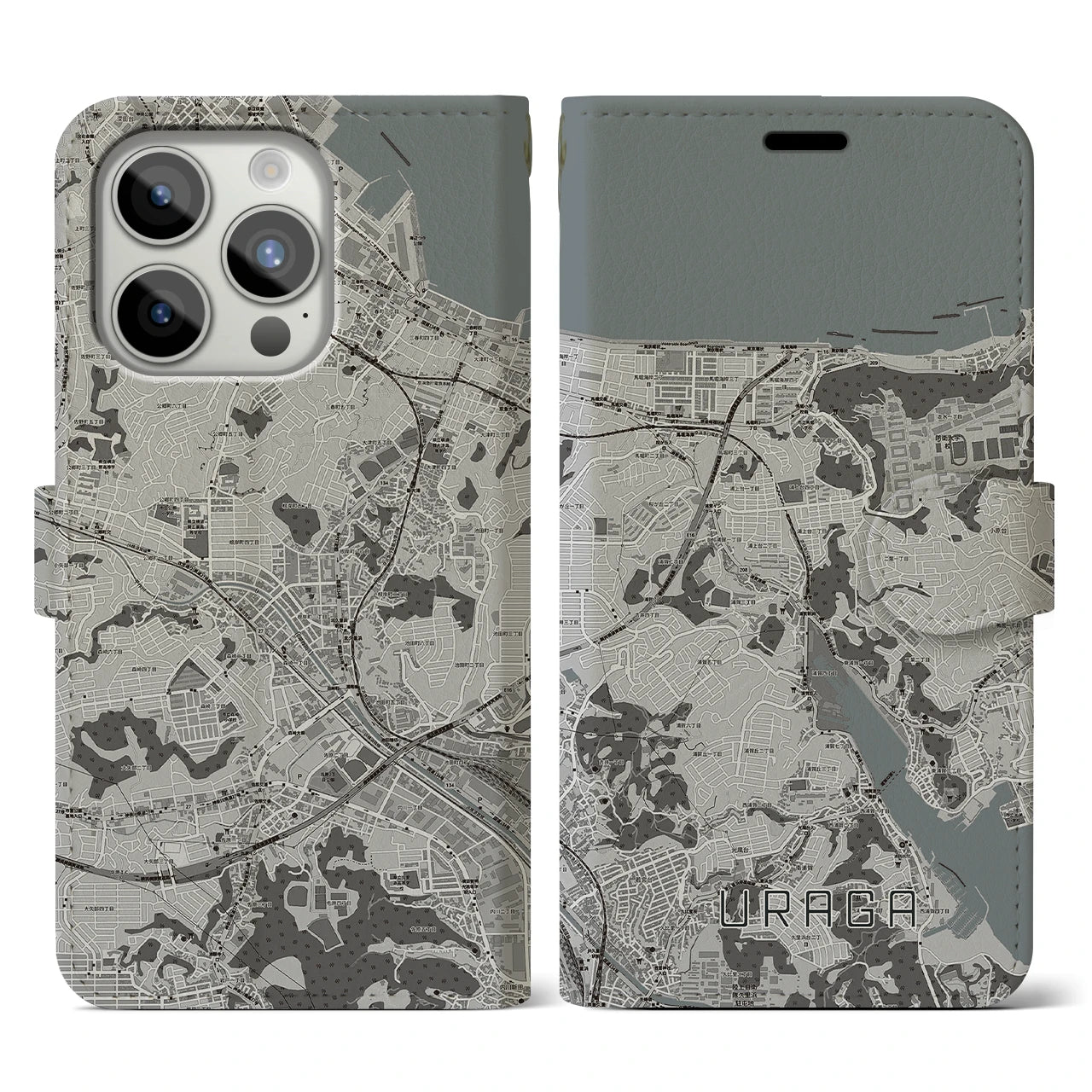 【浦賀(神奈川県)】地図柄iPhoneケース(手帳タイプ)モノトーン・iPhone 15 Pro 用