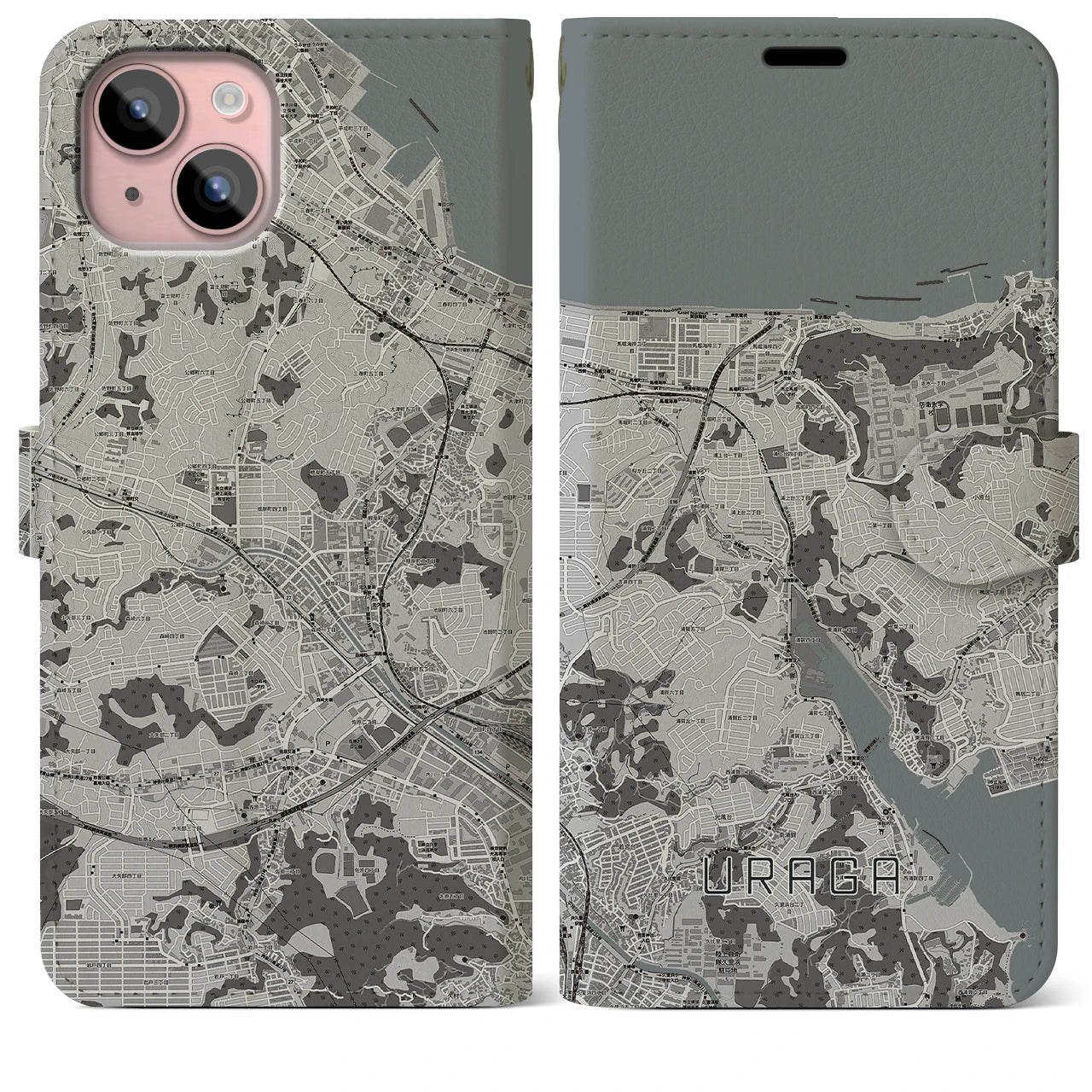 【浦賀(神奈川県)】地図柄iPhoneケース(手帳タイプ)モノトーン・iPhone 15 Plus 用