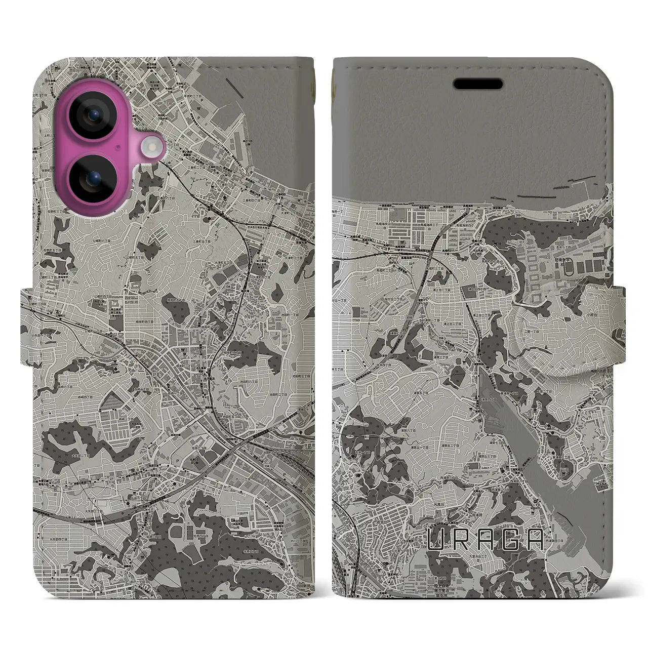 【浦賀(神奈川県)】地図柄iPhoneケース(手帳タイプ)モノトーン・iPhone 16 Pro 用