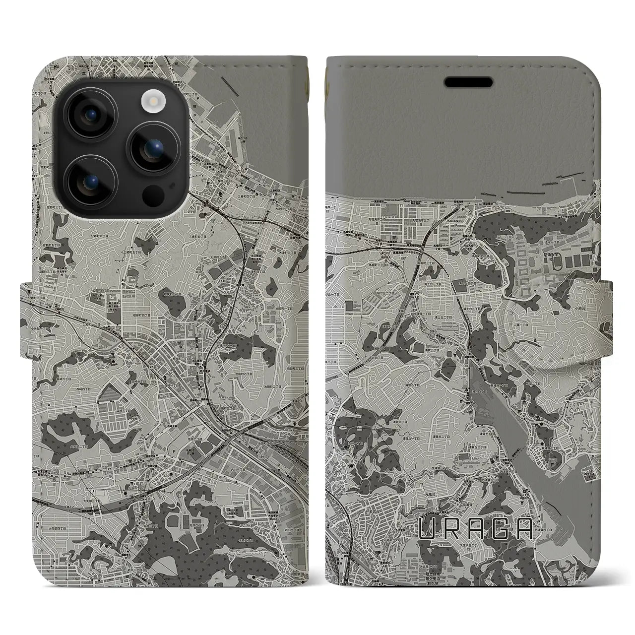 【浦賀(神奈川県)】地図柄iPhoneケース(手帳タイプ)モノトーン・iPhone 16 用