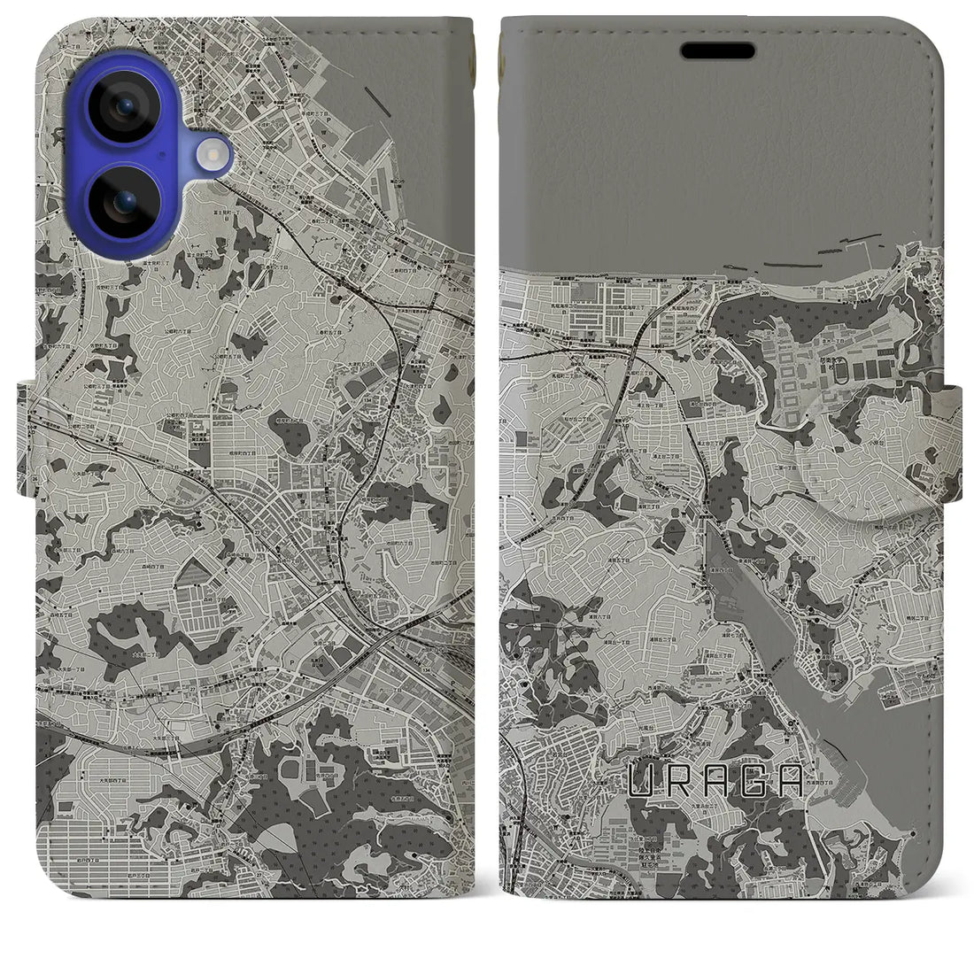 【浦賀(神奈川県)】地図柄iPhoneケース(手帳タイプ)モノトーン・iPhone 16 Pro Max 用