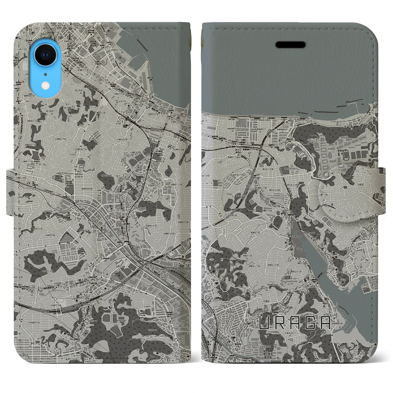 【浦賀(神奈川県)】地図柄iPhoneケース(手帳タイプ)モノトーン・iPhone XR 用
