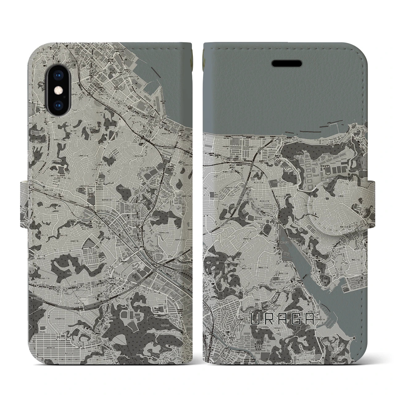 【浦賀(神奈川県)】地図柄iPhoneケース(手帳タイプ)モノトーン・iPhone XS / X 用