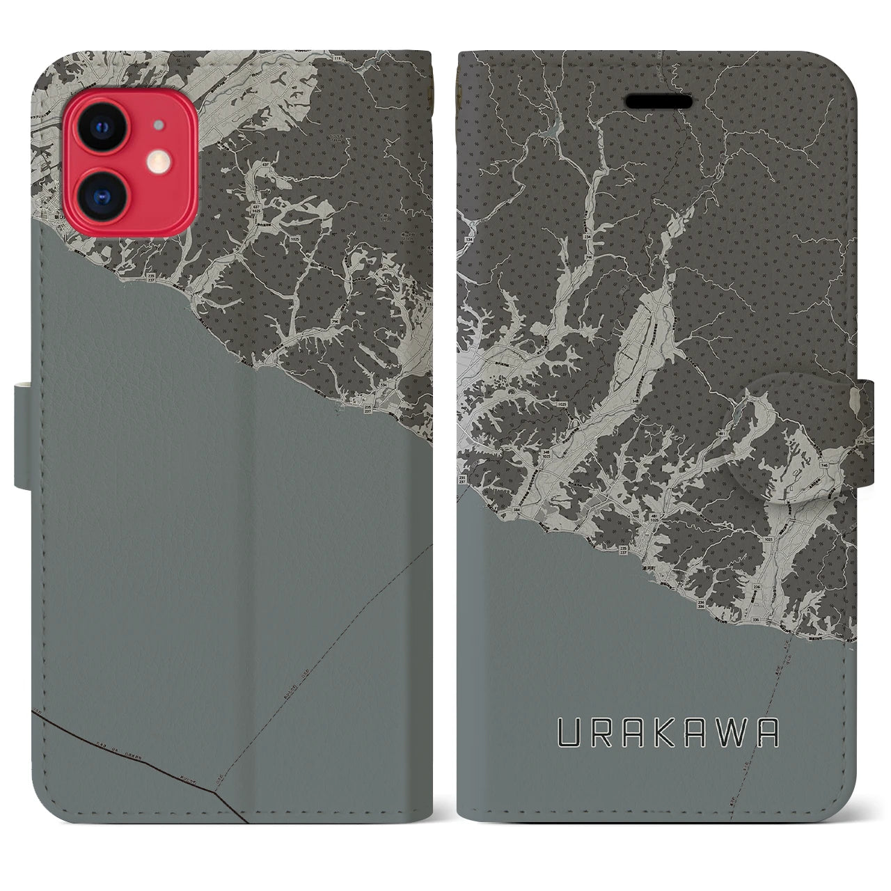 【浦河(北海道)】地図柄iPhoneケース(手帳タイプ)モノトーン・iPhone 11 用