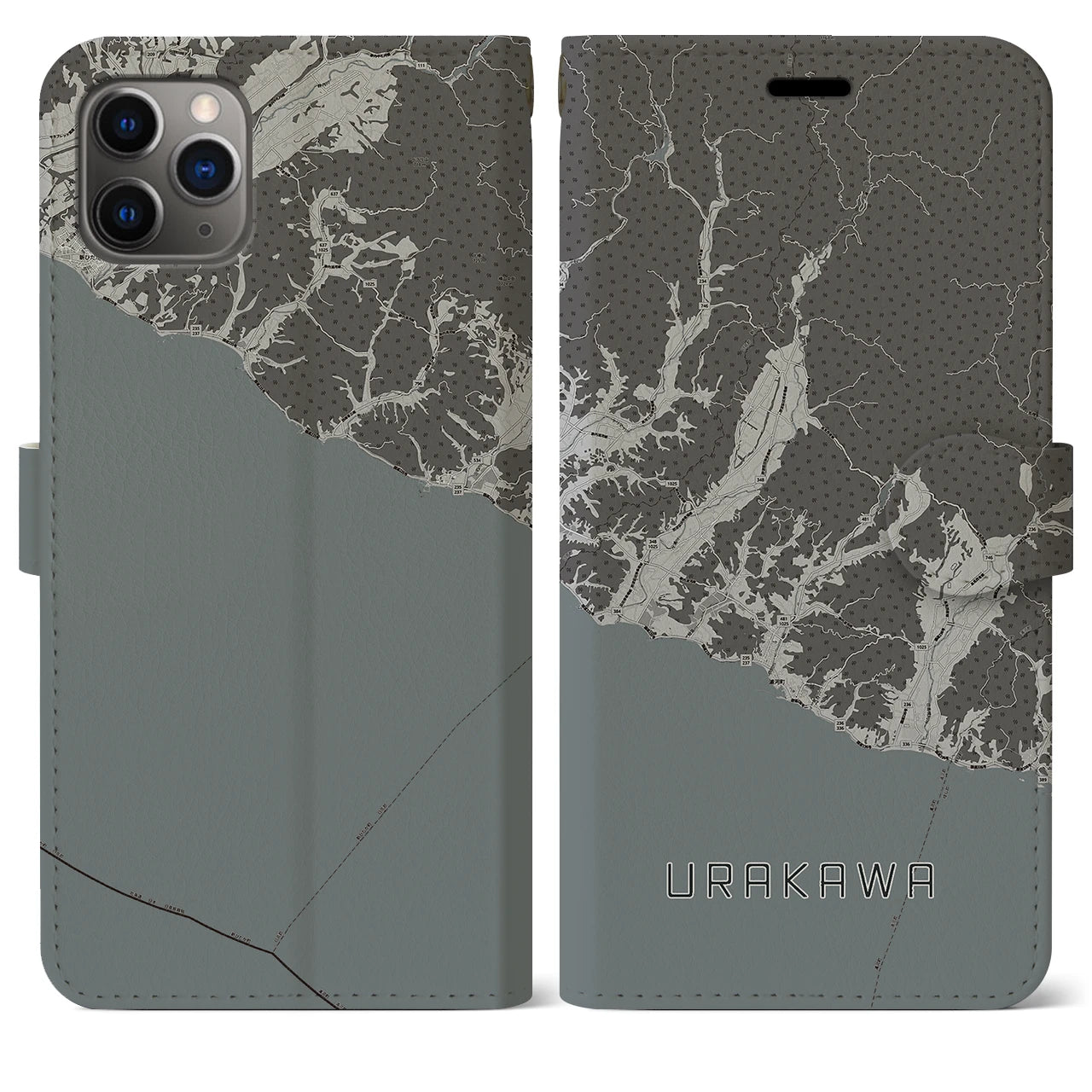 【浦河(北海道)】地図柄iPhoneケース(手帳タイプ)モノトーン・iPhone 11 Pro Max 用