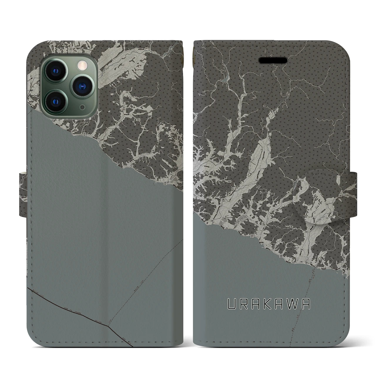 【浦河(北海道)】地図柄iPhoneケース(手帳タイプ)モノトーン・iPhone 11 Pro 用