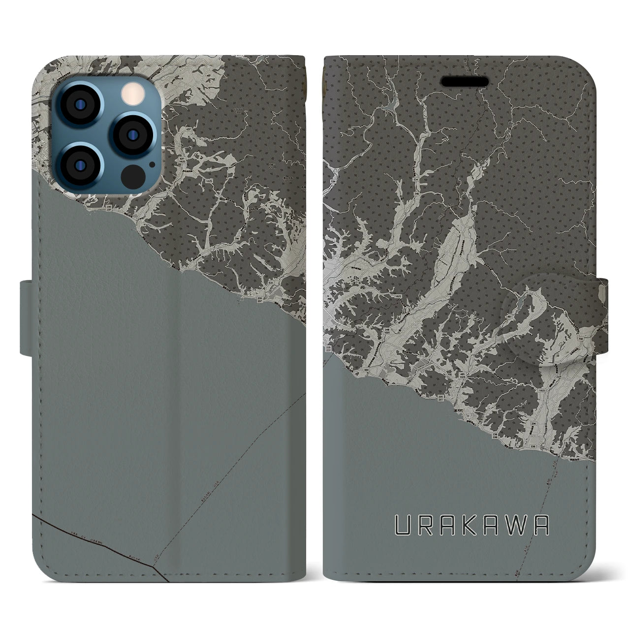 【浦河(北海道)】地図柄iPhoneケース(手帳タイプ)モノトーン・iPhone 12 / 12 Pro 用