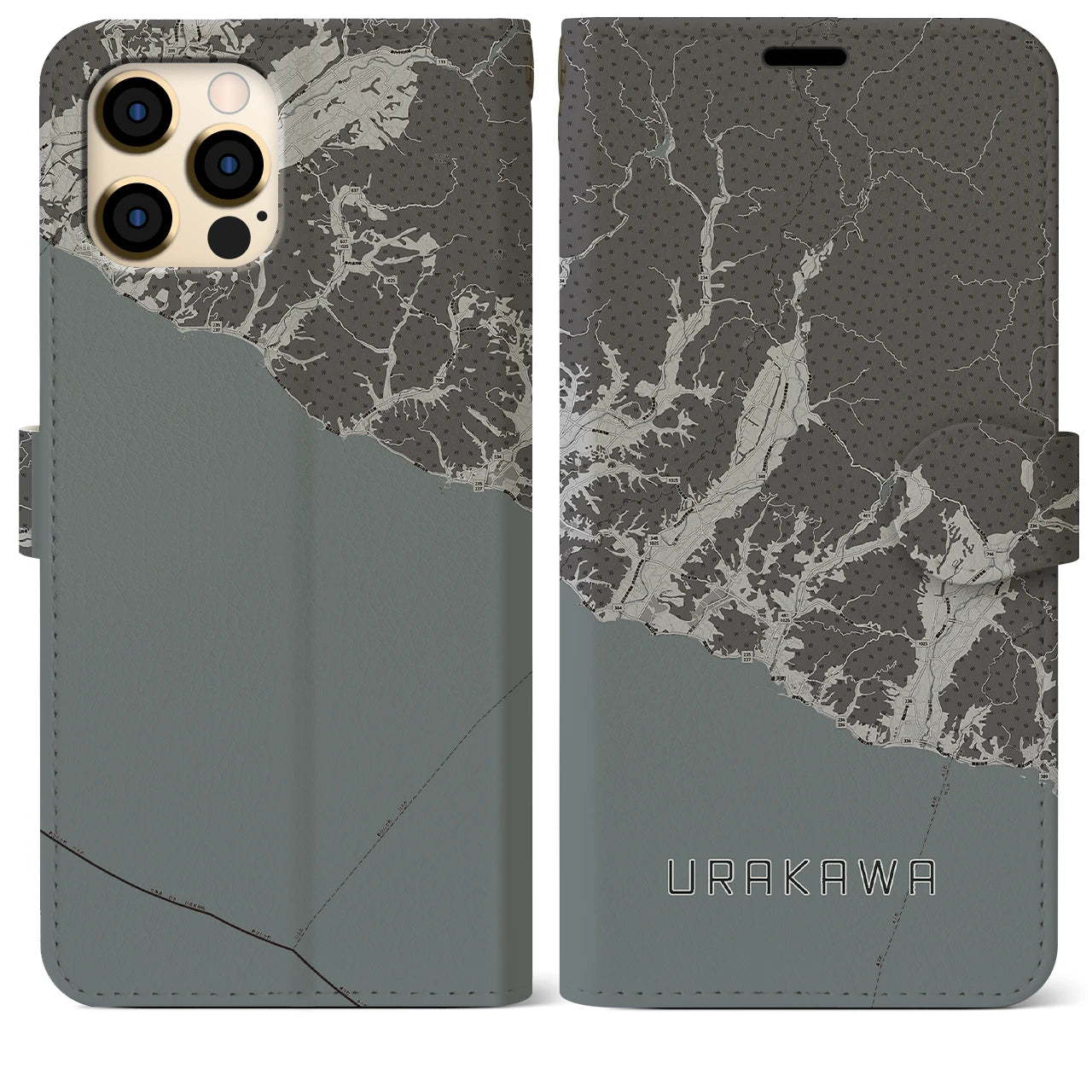 【浦河(北海道)】地図柄iPhoneケース(手帳タイプ)モノトーン・iPhone 12 Pro Max 用